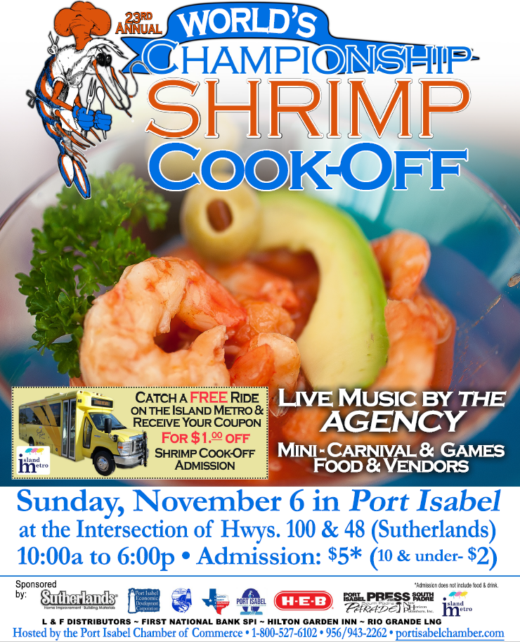23rd Annual World's Championship Shrimp Cook-Off! Sunday, November 6 from 10 a.m. to 6 p.m. Live music by "The Agency", vendors & more...