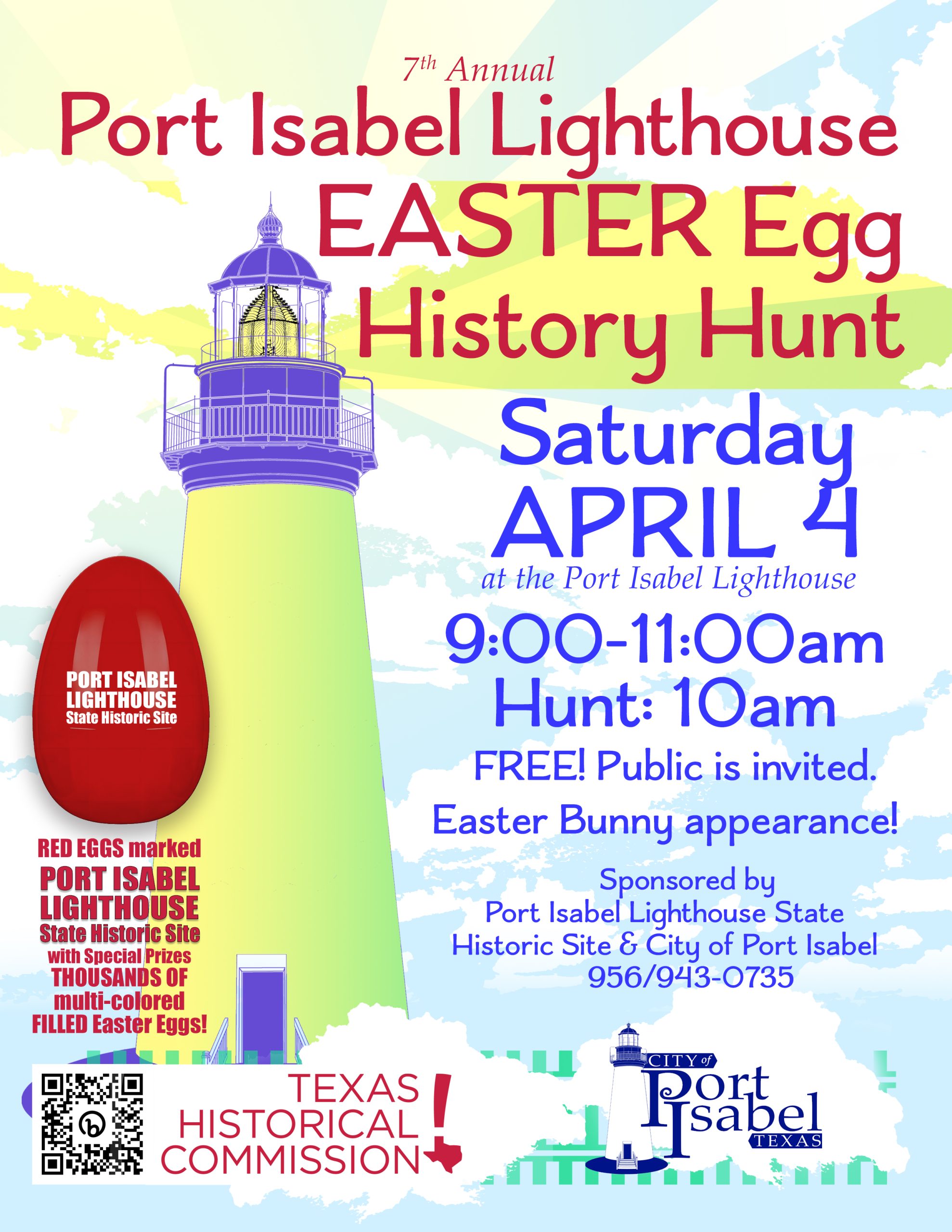 7th Annual Port Isabel Lighthouse Easter Egg & History Hunt flyer. April 4.